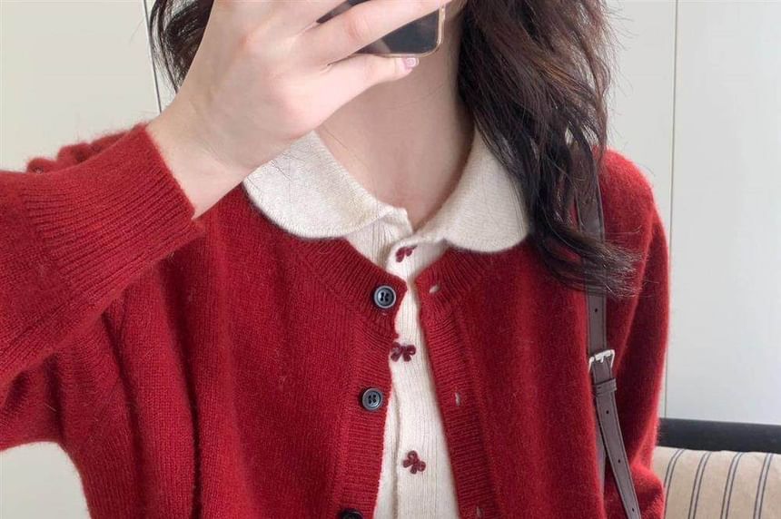Mock Two-Piece Peter Pan Collar Two Tone Button-Up Cardigan