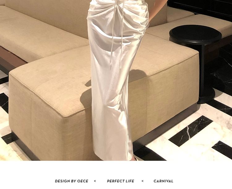 Spaghetti Strap V-Neck Lace Trim Cutout Ruched Satin Maxi Sheath Dress