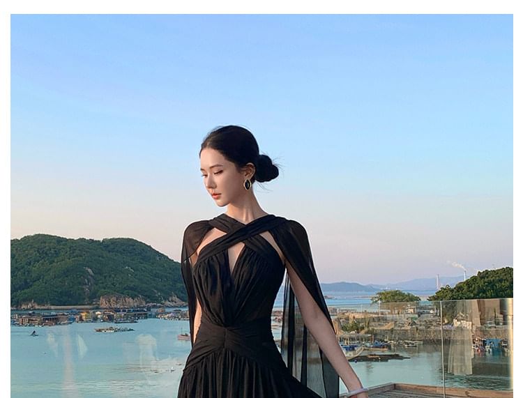 Halter Neck Plain Open Back Maxi A-Line Dress