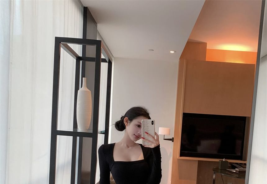Long-Sleeve Square Neck Plain Maxi Mermaid Dress