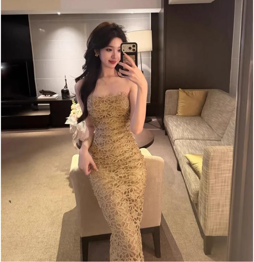 Spaghetti Strap Slit Lace Maxi Sheath Dress