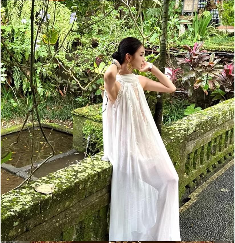 Halter Neck Lace Panel Sheer Maxi Tunic Dress