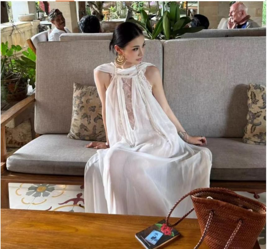 Halter Neck Lace Panel Sheer Maxi Tunic Dress
