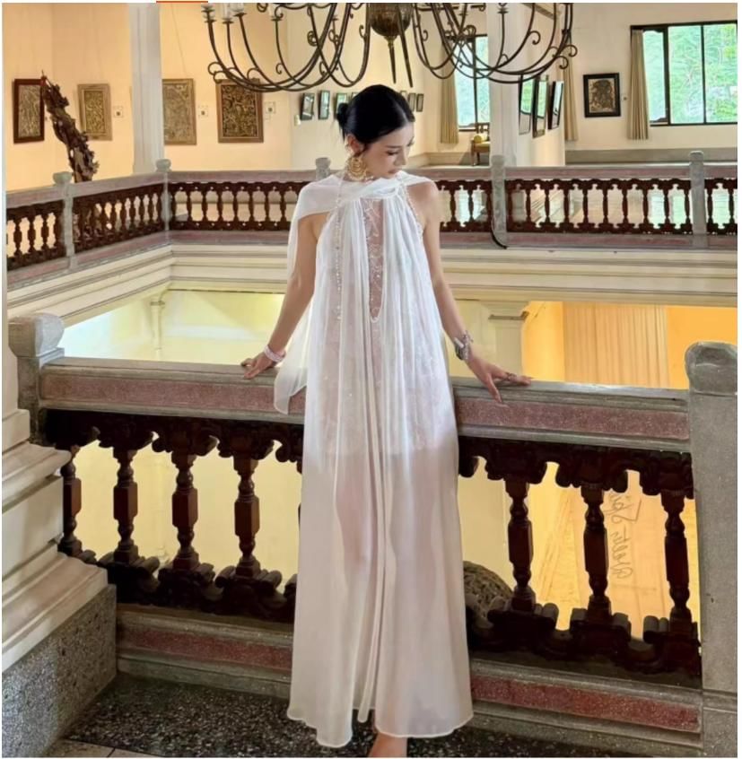 Halter Neck Lace Panel Sheer Maxi Tunic Dress