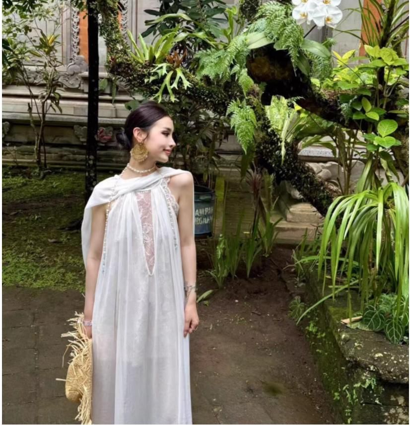 Halter Neck Lace Panel Sheer Maxi Tunic Dress