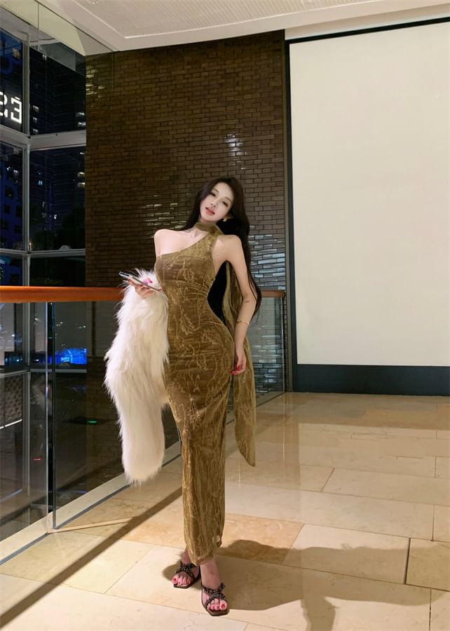 Halter Neck Jacquard Open Back Slit Velvet Maxi Sheath Dress