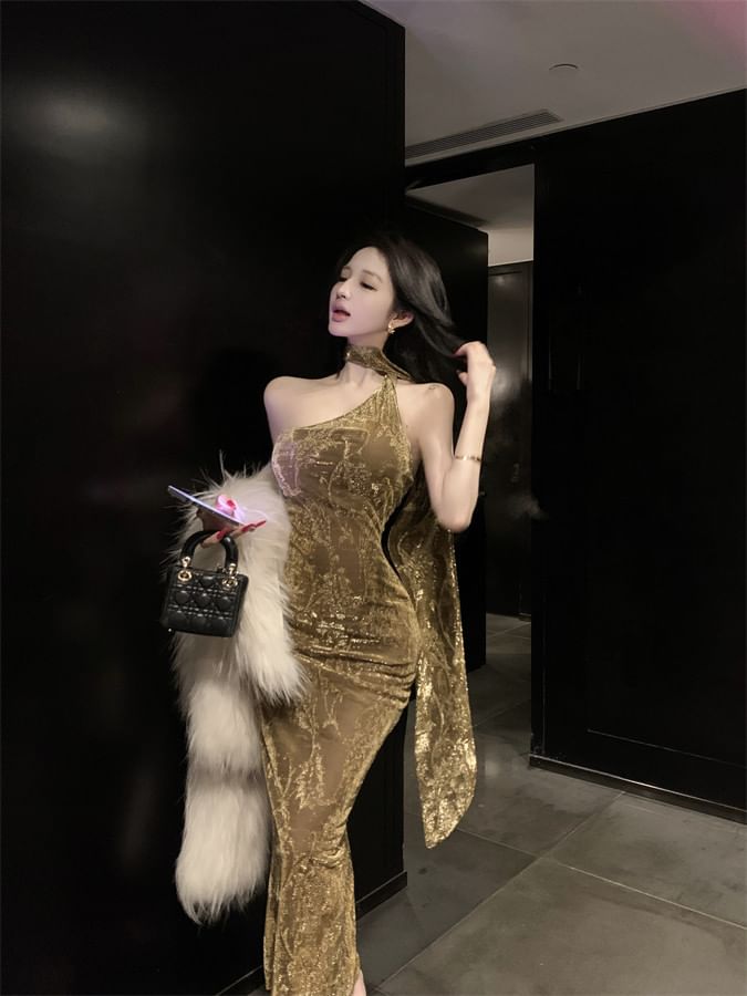 Halter Neck Jacquard Open Back Slit Velvet Maxi Sheath Dress