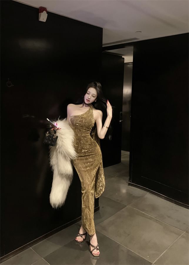 Halter Neck Jacquard Open Back Slit Velvet Maxi Sheath Dress