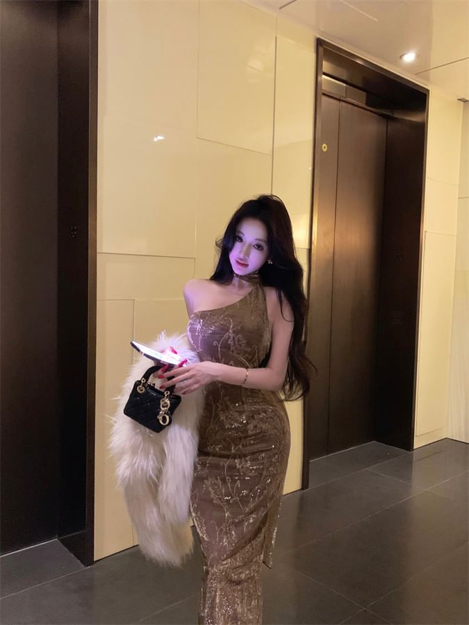 Halter Neck Jacquard Open Back Slit Velvet Maxi Sheath Dress
