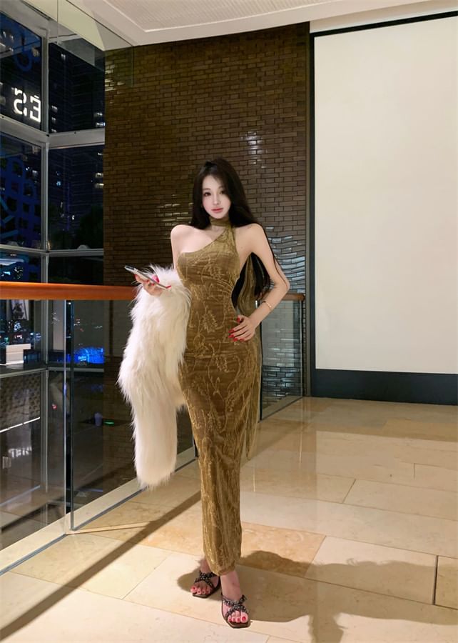 Halter Neck Jacquard Open Back Slit Velvet Maxi Sheath Dress