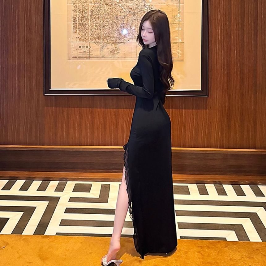Long-Sleeve Deep Plunge Plain Ruffle Trim Slit Maxi Sheath Dress