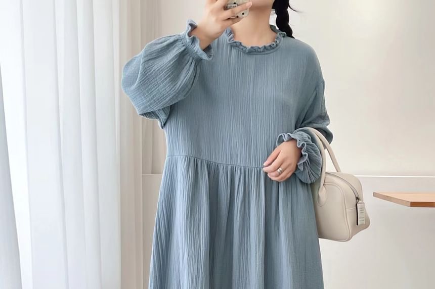 Long-Sleeve Round Neck Plain Ruffle Trim Maxi A-Line Dress