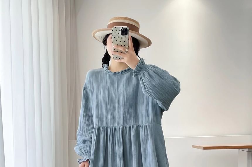 Long-Sleeve Round Neck Plain Ruffle Trim Maxi A-Line Dress
