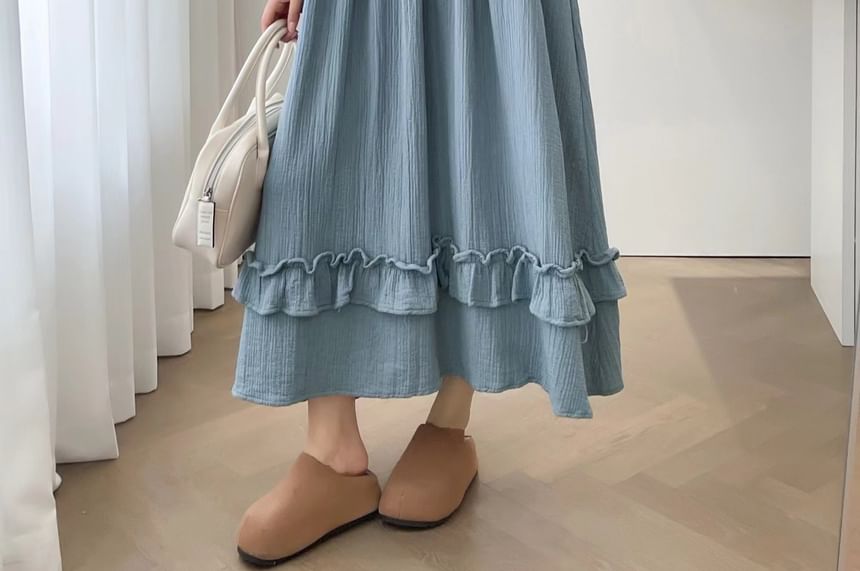 Long-Sleeve Round Neck Plain Ruffle Trim Maxi A-Line Dress