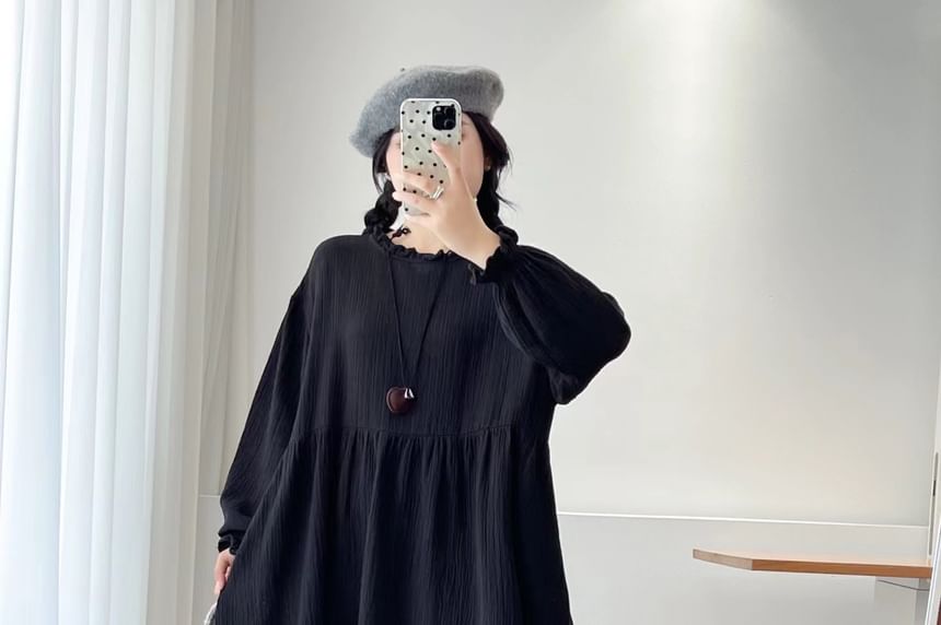 Long-Sleeve Round Neck Plain Ruffle Trim Maxi A-Line Dress