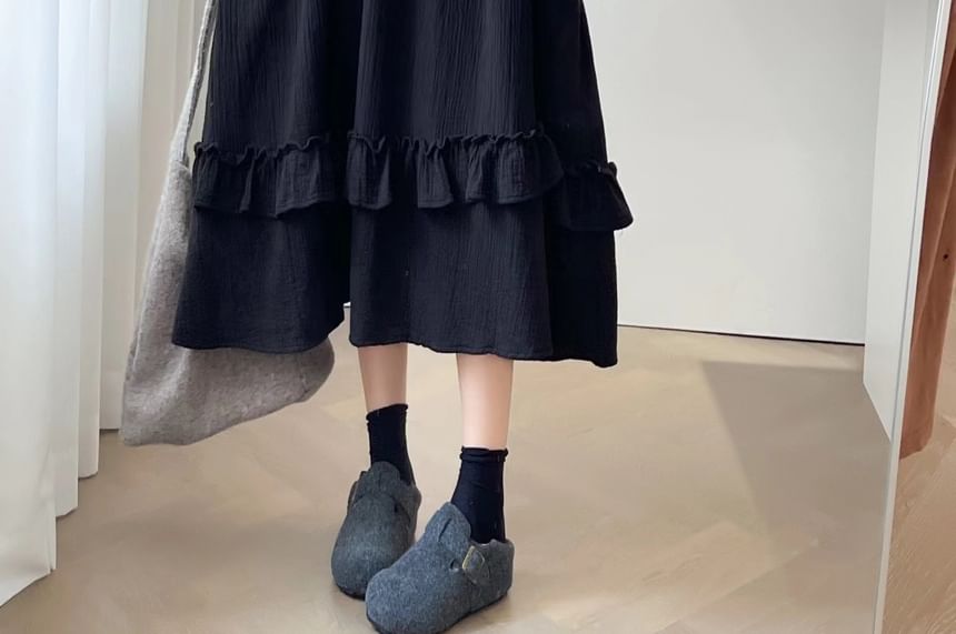 Long-Sleeve Round Neck Plain Ruffle Trim Maxi A-Line Dress