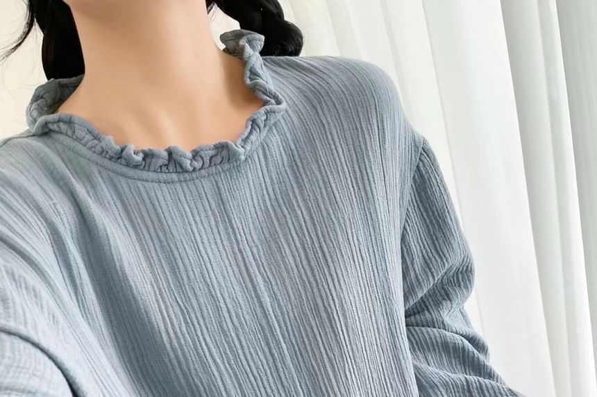 Long-Sleeve Round Neck Plain Ruffle Trim Maxi A-Line Dress
