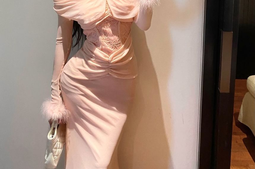 Long-Sleeve Off-Shoulder Plain Lace Panel Maxi Mermaid Dress