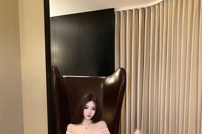 Long-Sleeve Off-Shoulder Plain Lace Panel Maxi Mermaid Dress