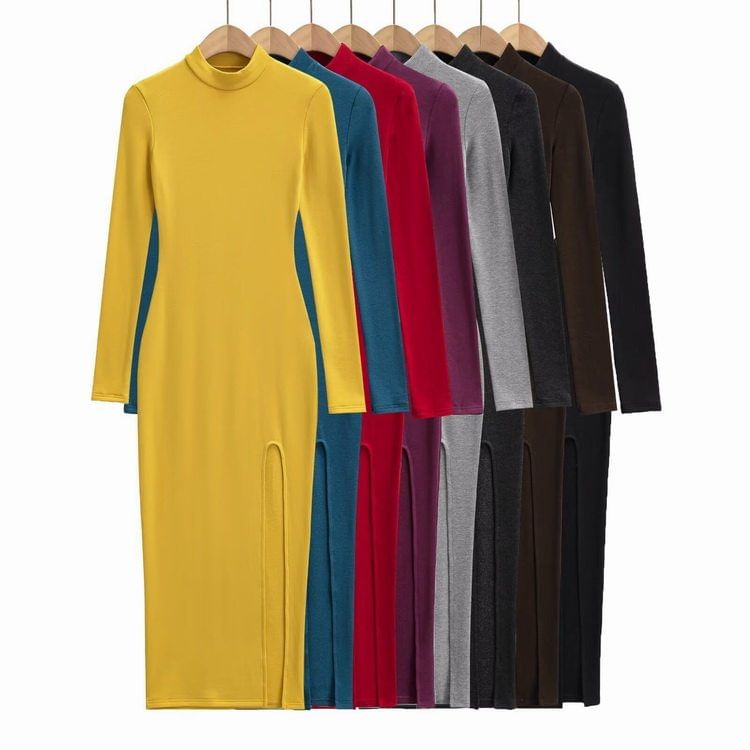 Long-Sleeve Mock Neck Slit Hem Plain Maxi Sheath Dress