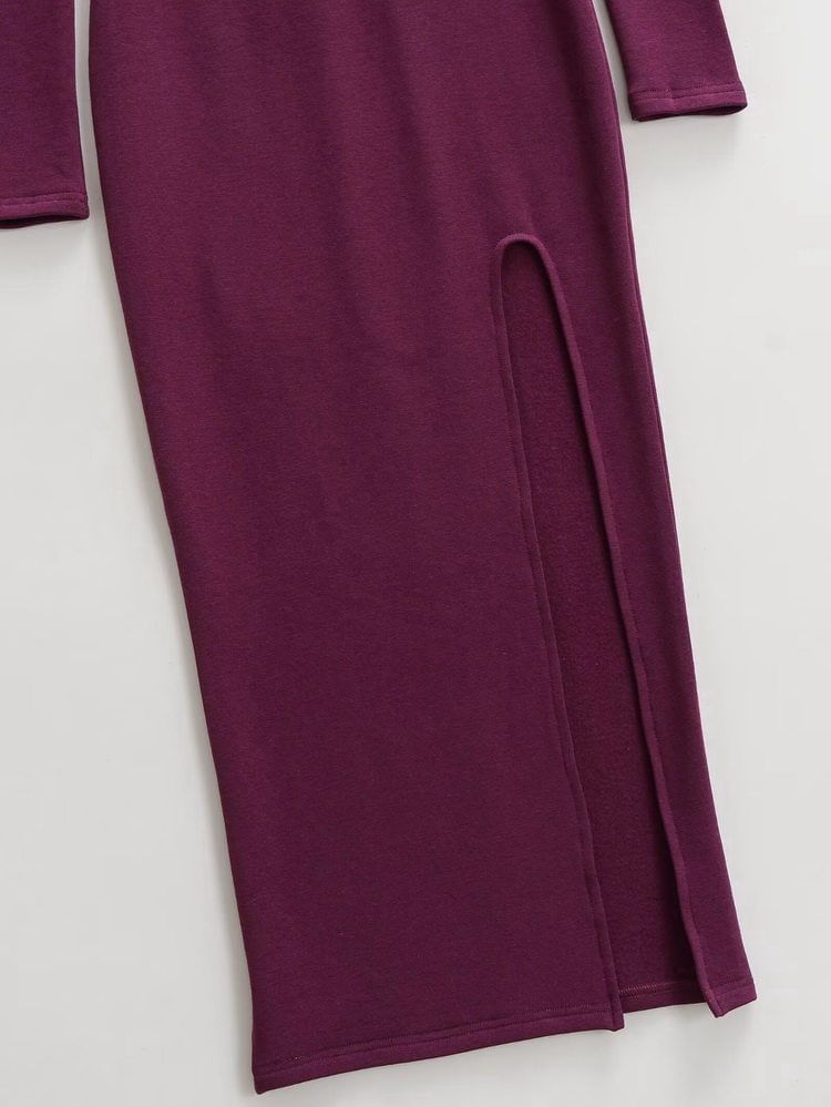 Long-Sleeve Mock Neck Slit Hem Plain Maxi Sheath Dress