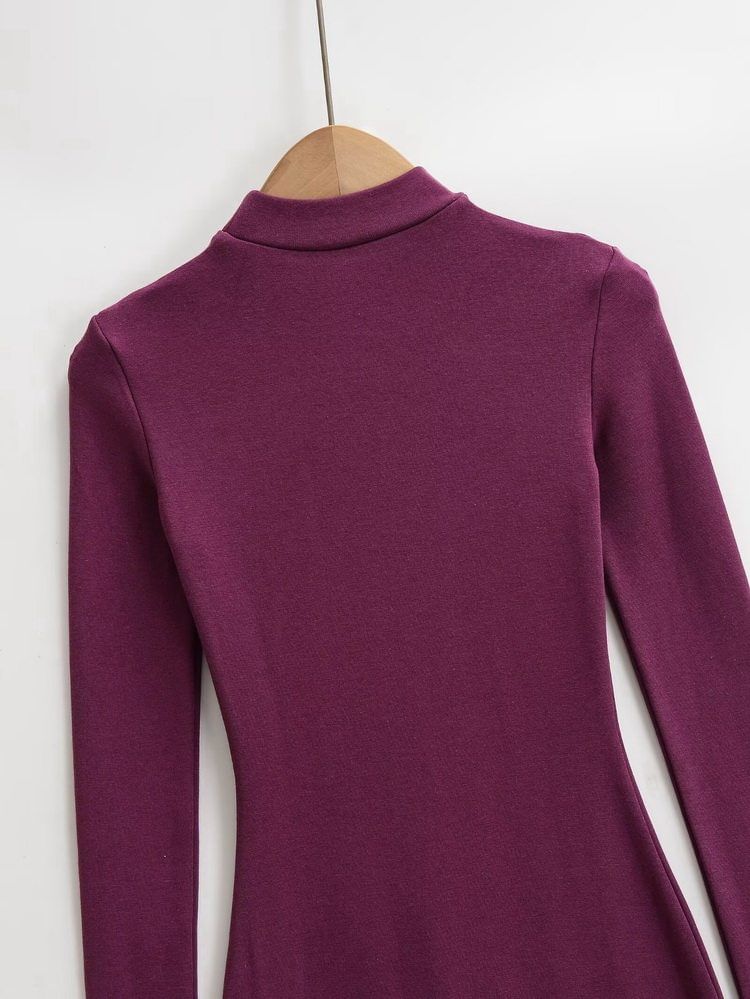 Long-Sleeve Mock Neck Slit Hem Plain Maxi Sheath Dress