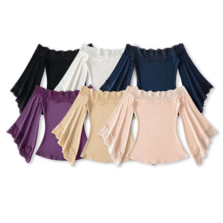 3/4-Sleeve Off Shoulder Plain Lace Trim Crop Tee