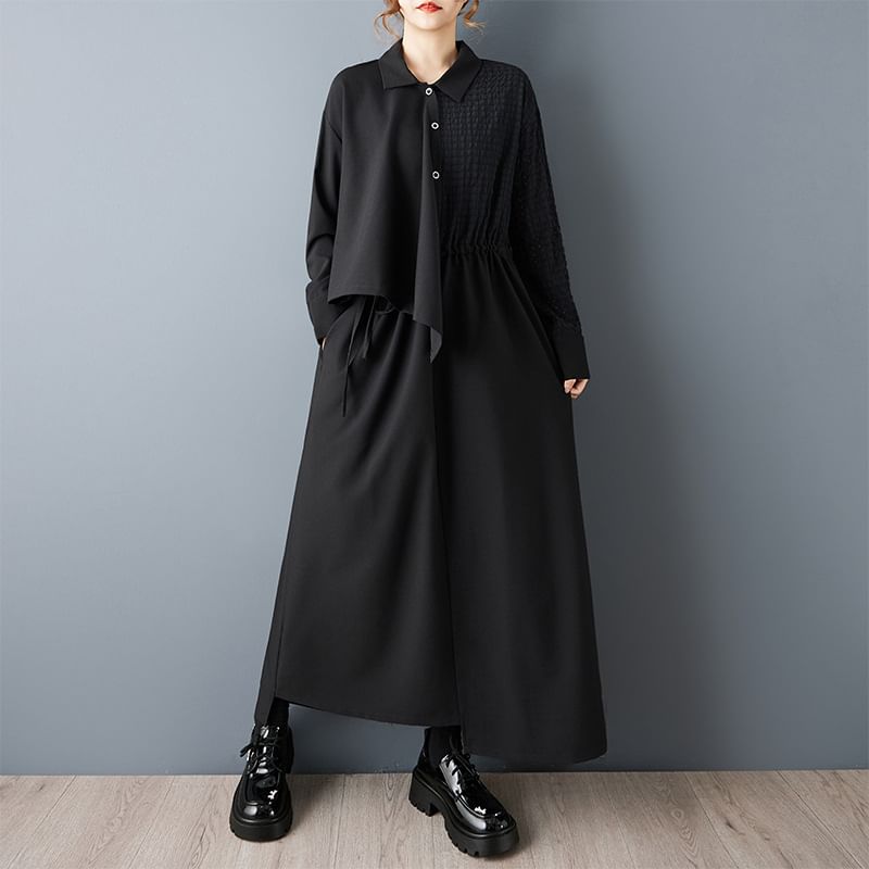 Long Sleeve Collared Plain Panel Asymmetrical Mock Two Piece Maxi A-Line Dress