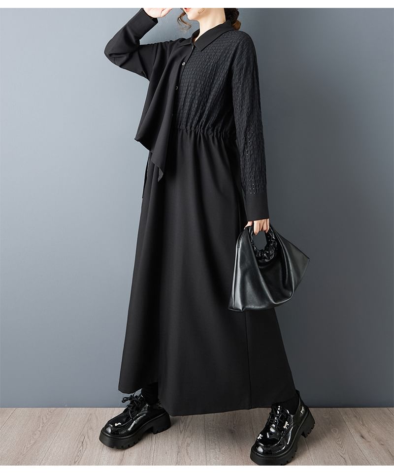 Long Sleeve Collared Plain Panel Asymmetrical Mock Two Piece Maxi A-Line Dress