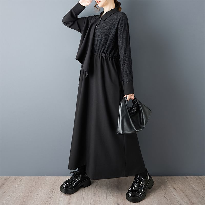 Long Sleeve Collared Plain Panel Asymmetrical Mock Two Piece Maxi A-Line Dress