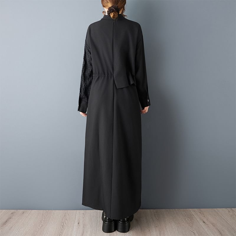 Long Sleeve Collared Plain Panel Asymmetrical Mock Two Piece Maxi A-Line Dress