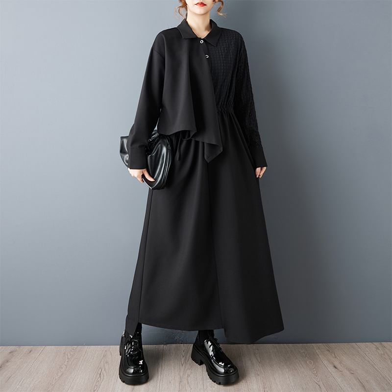 Long Sleeve Collared Plain Panel Asymmetrical Mock Two Piece Maxi A-Line Dress