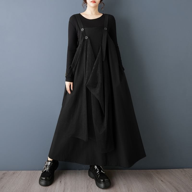 Plain Panel Mesh Maxi A-Line Overall Dress