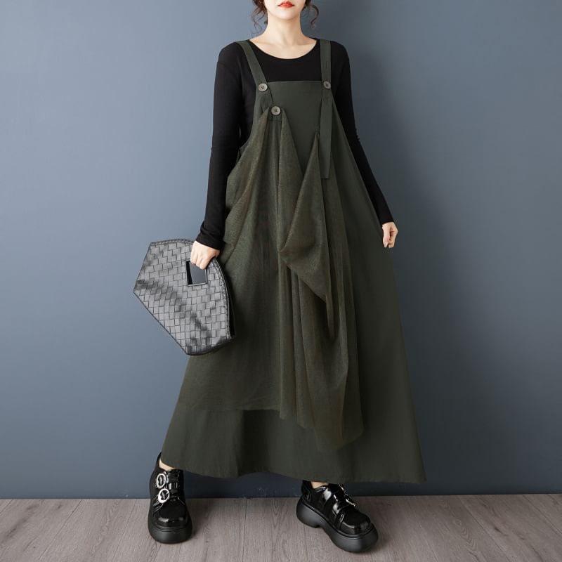Plain Panel Mesh Maxi A-Line Overall Dress