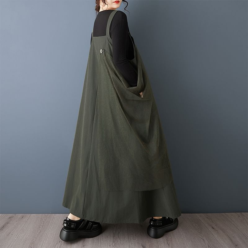 Plain Panel Mesh Maxi A-Line Overall Dress