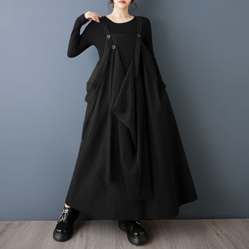 Plain Panel Mesh Maxi A-Line Overall Dress