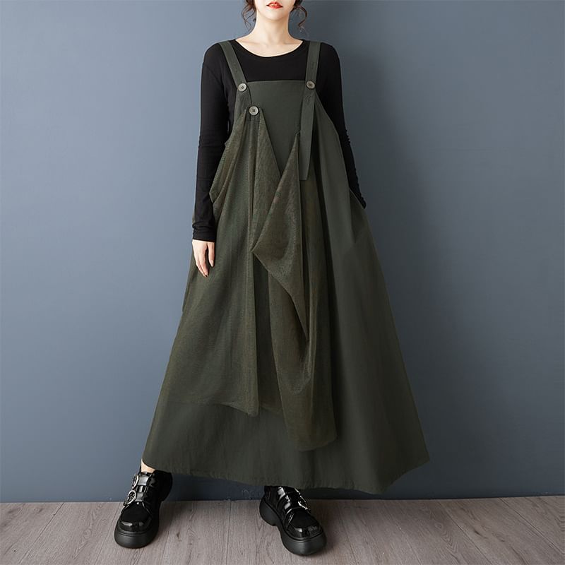 Plain Panel Mesh Maxi A-Line Overall Dress
