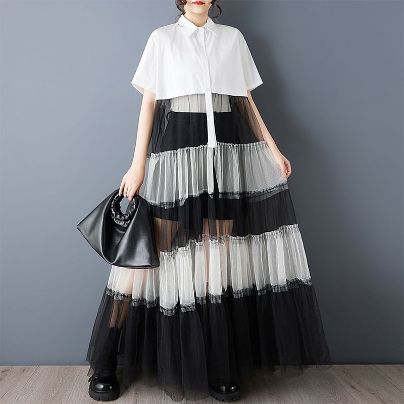 Short Sleeve Collared Two Tone Tiered Panel Mesh Maxi A-Line Shirt Dress