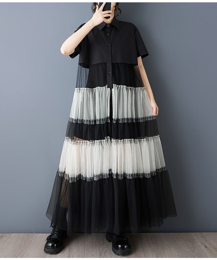 Short Sleeve Collared Two Tone Tiered Panel Mesh Maxi A-Line Shirt Dress