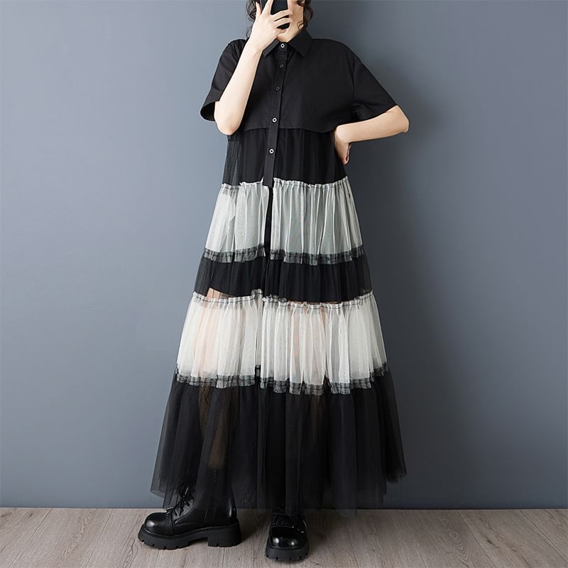 Short Sleeve Collared Two Tone Tiered Panel Mesh Maxi A-Line Shirt Dress