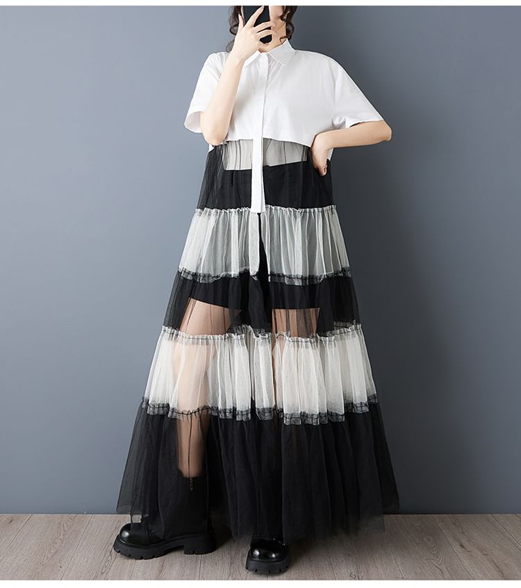Short Sleeve Collared Two Tone Tiered Panel Mesh Maxi A-Line Shirt Dress