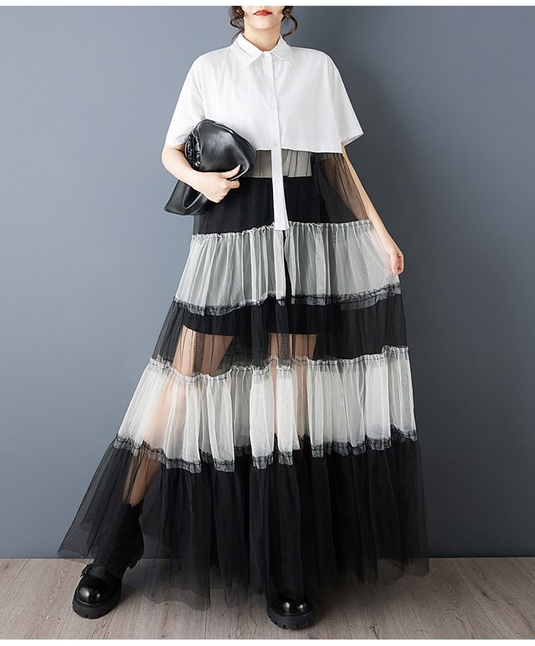 Short Sleeve Collared Two Tone Tiered Panel Mesh Maxi A-Line Shirt Dress