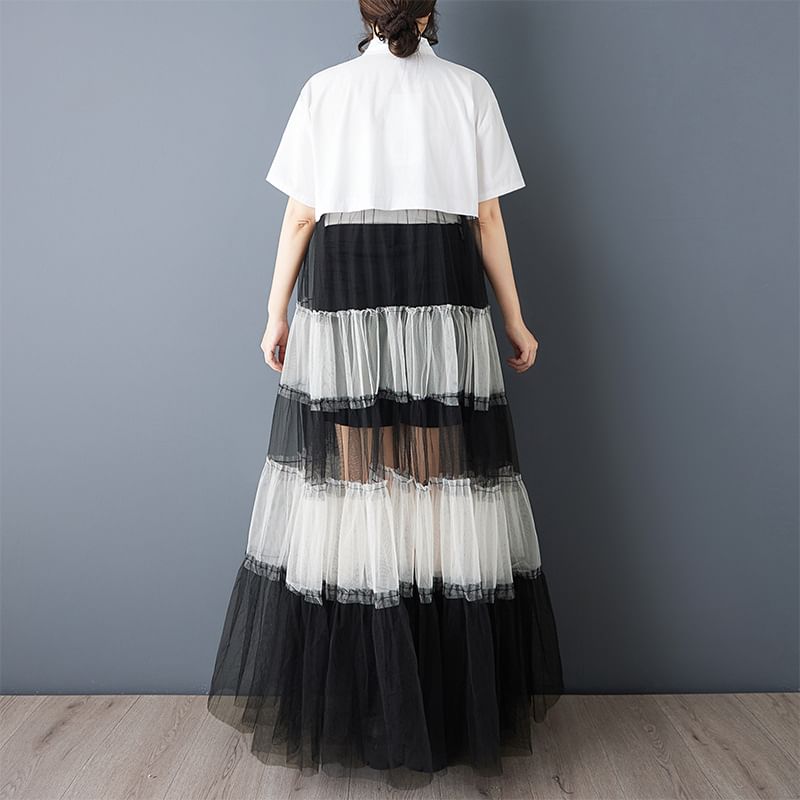 Short Sleeve Collared Two Tone Tiered Panel Mesh Maxi A-Line Shirt Dress