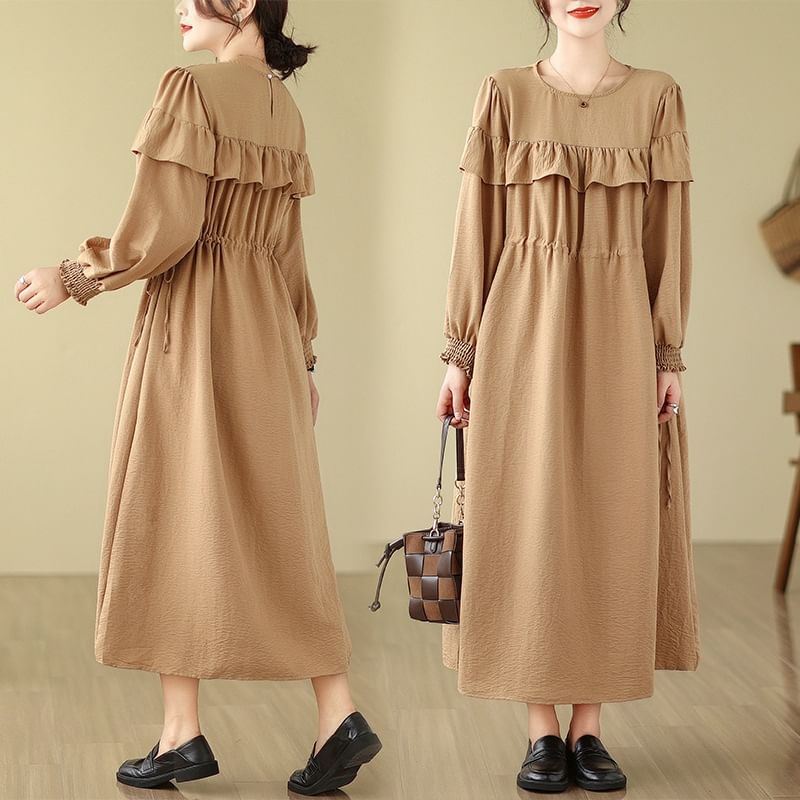 Long Sleeve Round Neck Plain Ruffle Maxi A-Line Dress