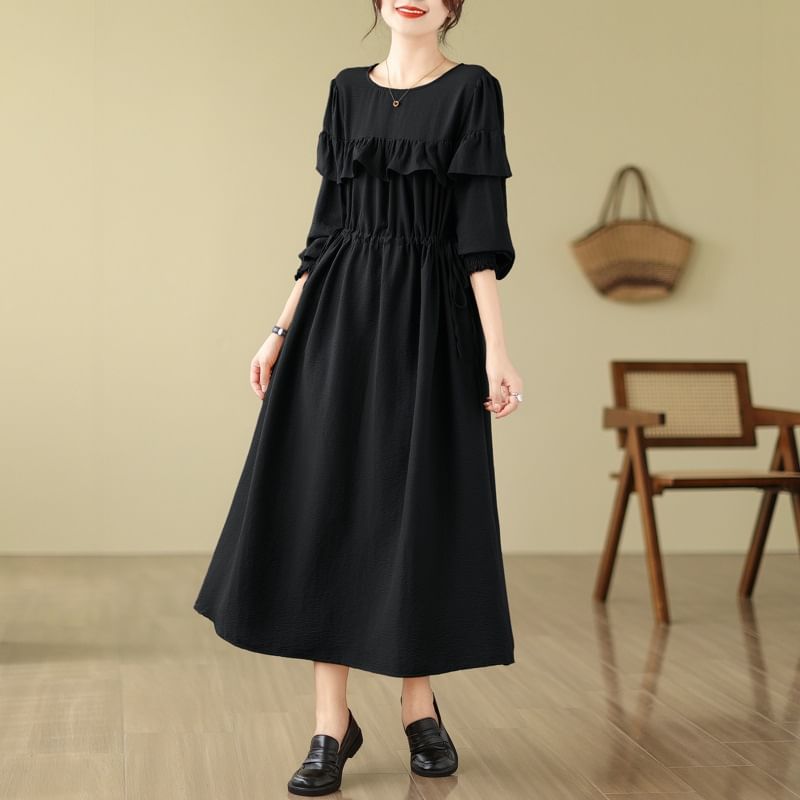 Long Sleeve Round Neck Plain Ruffle Maxi A-Line Dress