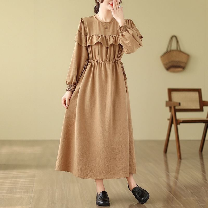 Long Sleeve Round Neck Plain Ruffle Maxi A-Line Dress