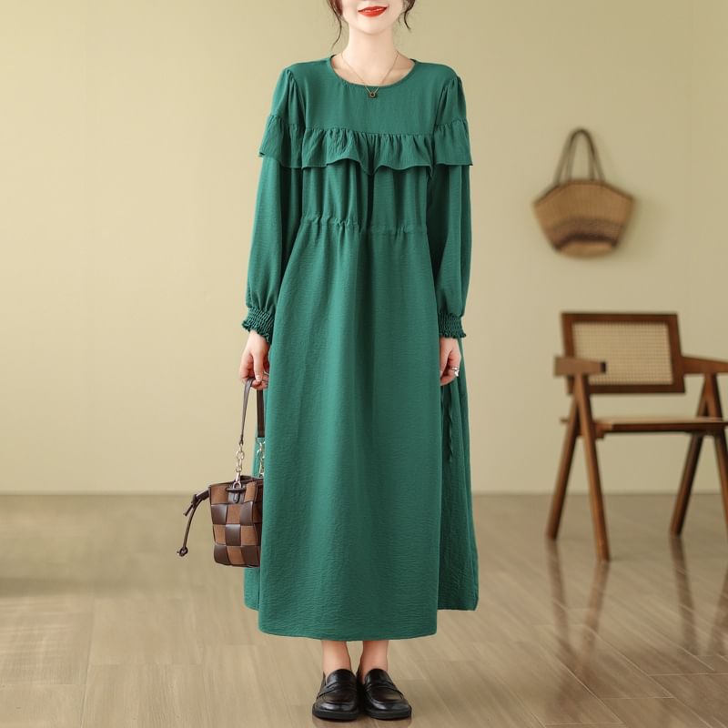 Long Sleeve Round Neck Plain Ruffle Maxi A-Line Dress