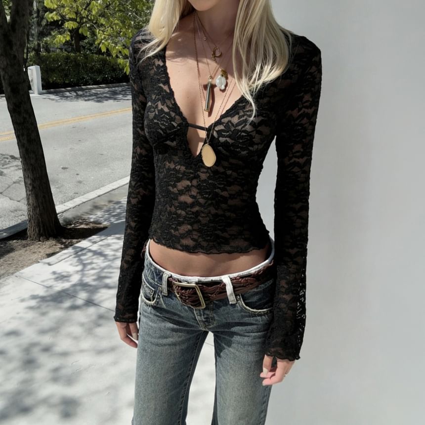 V-Neck Crop Top with Lace Detail and Long Sleeves