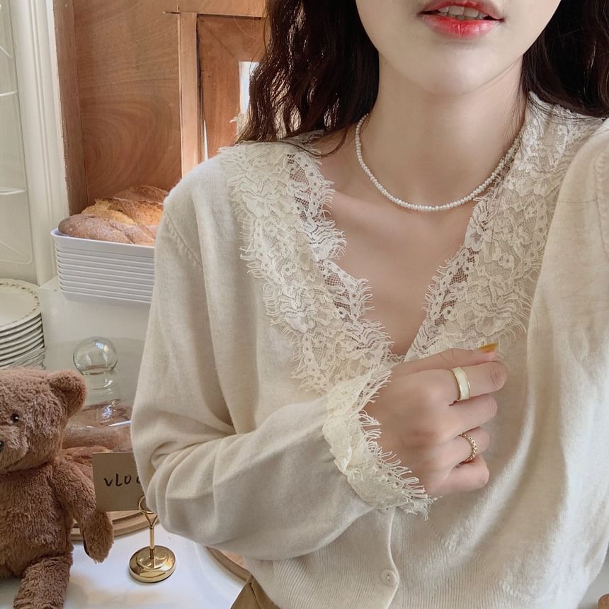 V-Neck Plain Lace Trim Button Up Cardigan