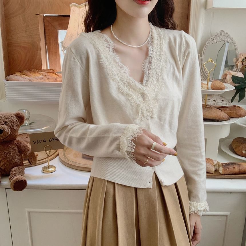 V-Neck Plain Lace Trim Button Up Cardigan